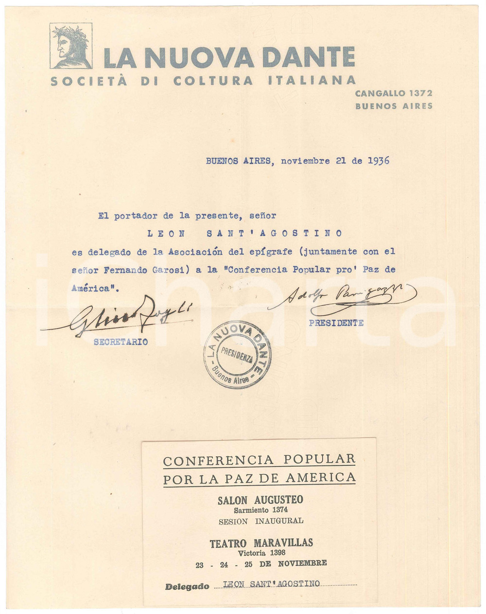 Manoscritto, lettera originale 1936 BUENOS AIRES   Società LA NUOVA DANTE  Leone SANT AGOSTINO delegato 1
