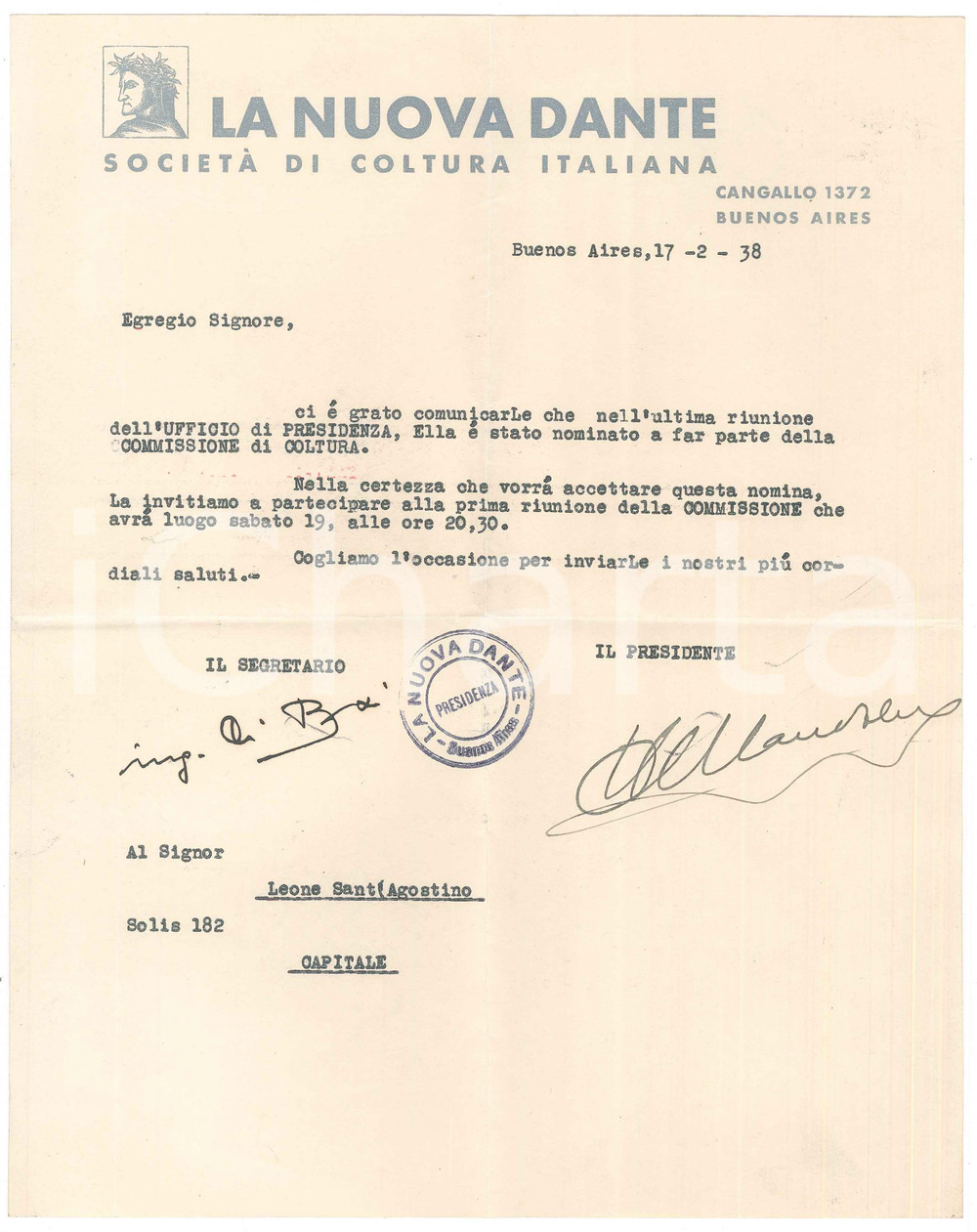 Manoscritto, lettera originale 1938 BUENOS AIRES   SocietÃ  LA NUOVA DANTE  Nomina Leone SANT AGOSTINO 1