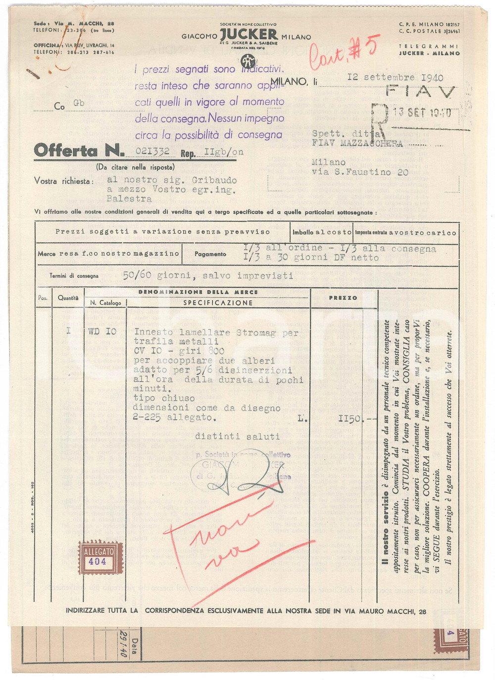 Documento originale, autentico 1950 MILANO Via Macchi  Società  Giacomo JUCKER  Preventivo innesto alberi 1