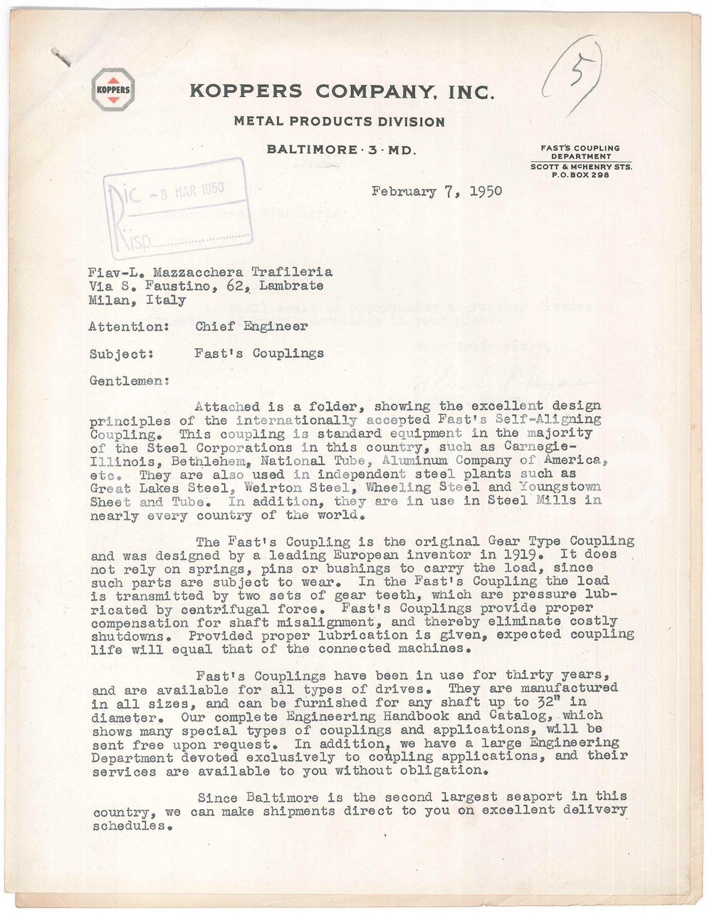 Materiale pubblicitario d’epoca 1950 BALTIMORE MD, USA KOPPERS Company  Letter fast s couplings 1