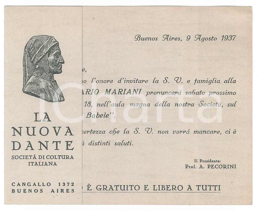 Materiale pubblicitario d’epoca 1937 BUENOS AIRES   SocietÃ  LA NUOVA DANTE  Invito conferenza Mario Mariani 1