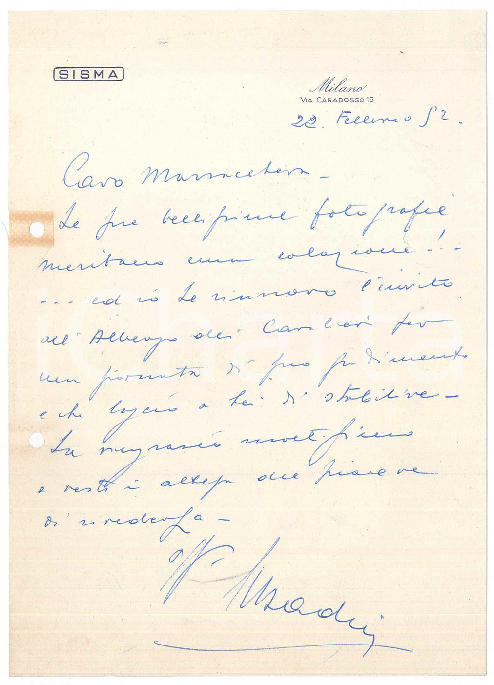 1952 MILANO - SISMA - Lettera direttore ing. BADINO per invito *AUTOGRAFO