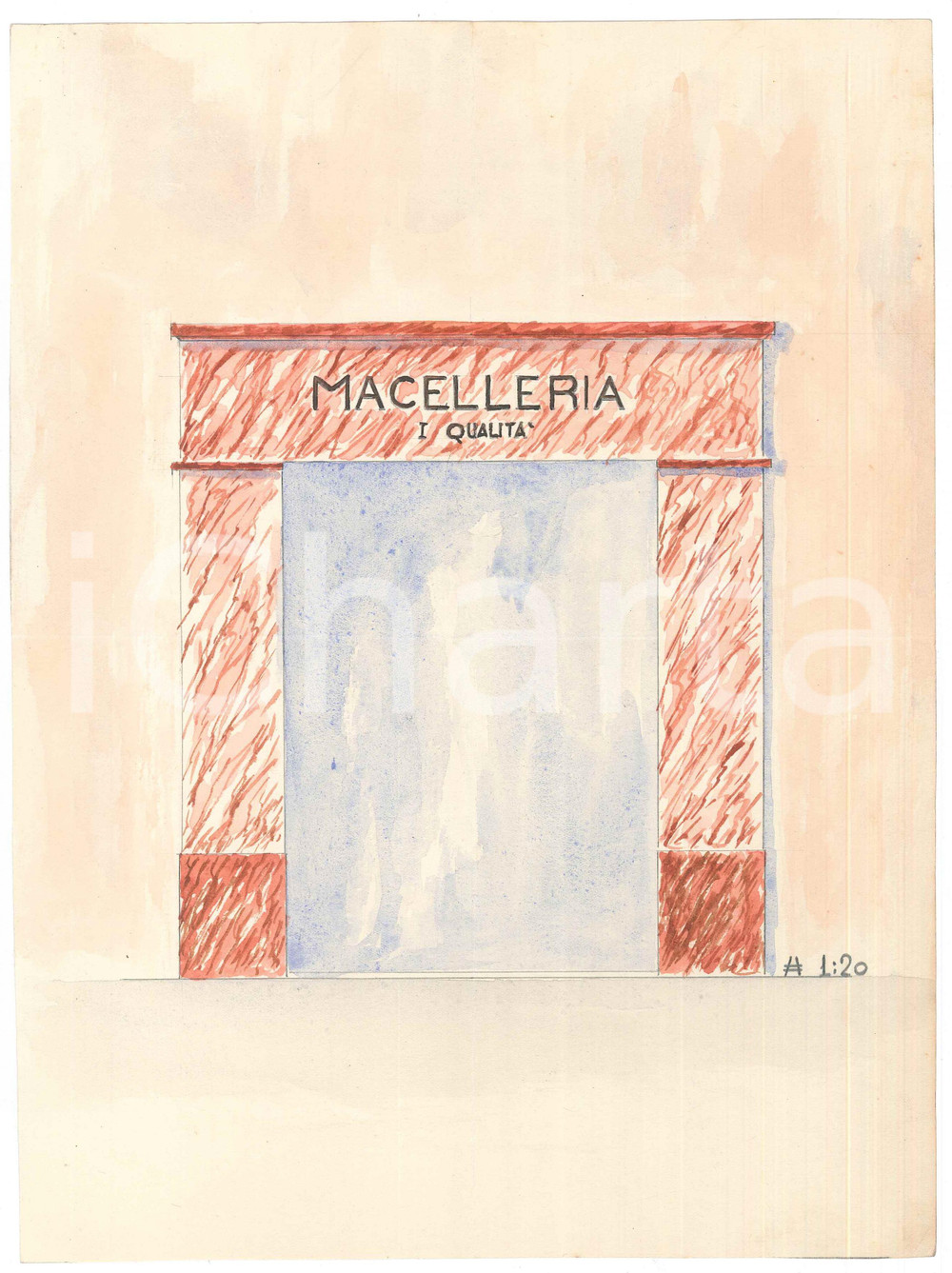 Stampa, bozzetto originale 1934 PESARO Piazza Lazzarini 11  Macelleria RICCI  Bozzetto vetrina 22x30 1