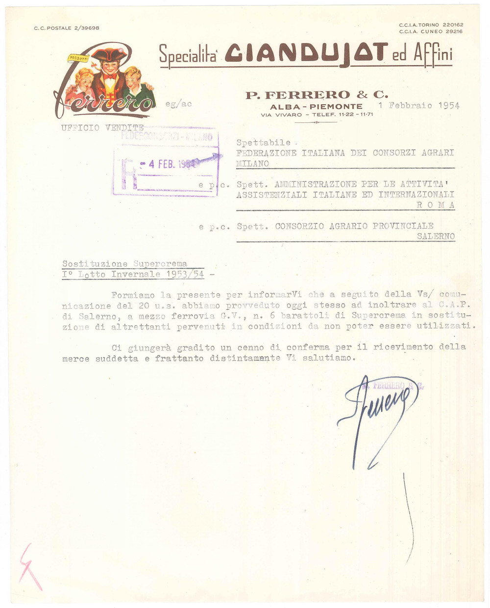 Materiale pubblicitario d’epoca 1954 ALBA CN Ditta FERRERO Specialità giandujot  Lettera SUPERCREMA 1