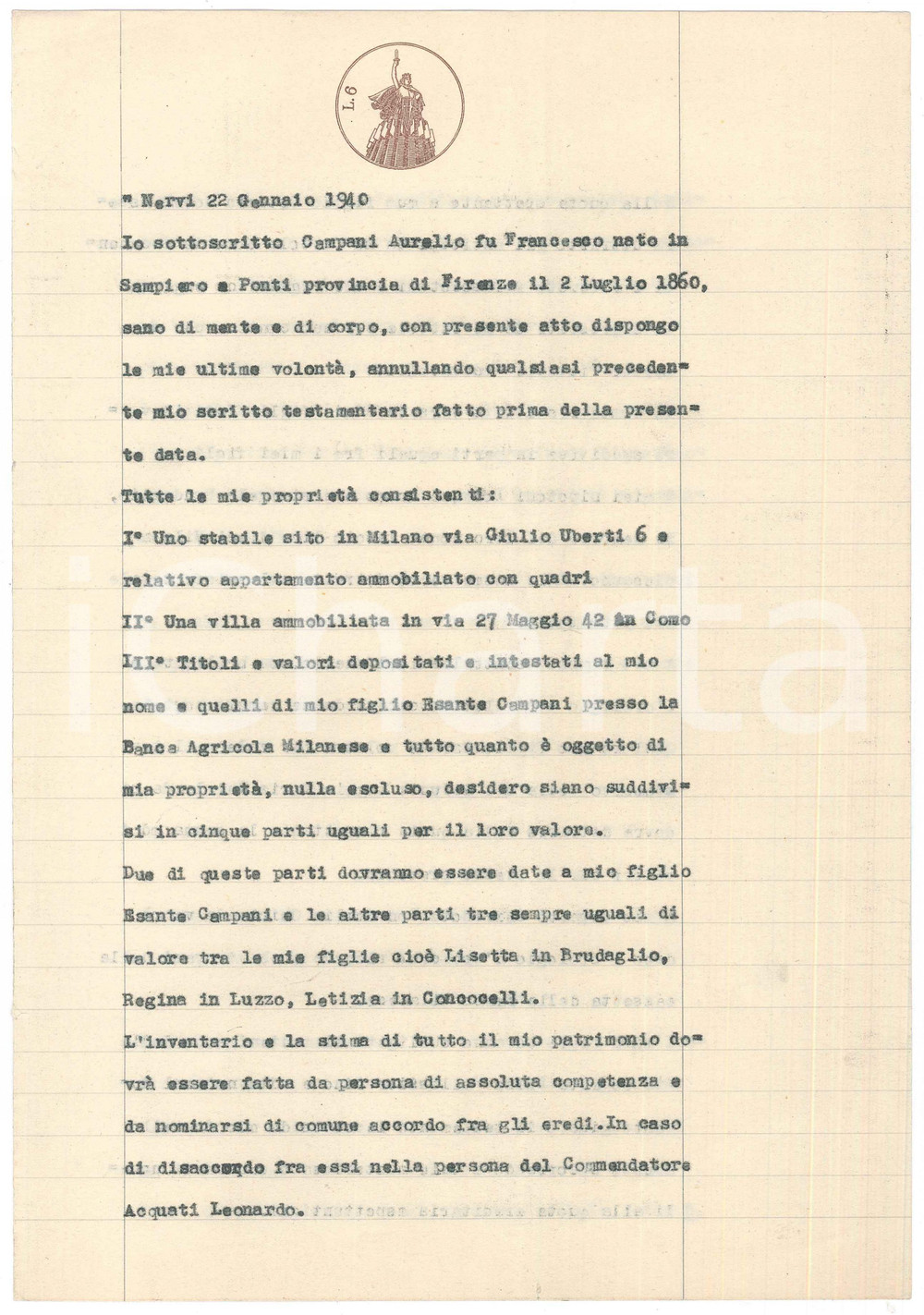 Documento originale, autentico 1940 MILANO Testamento Aurelio CAMPANI a favore dei figli Documento 1