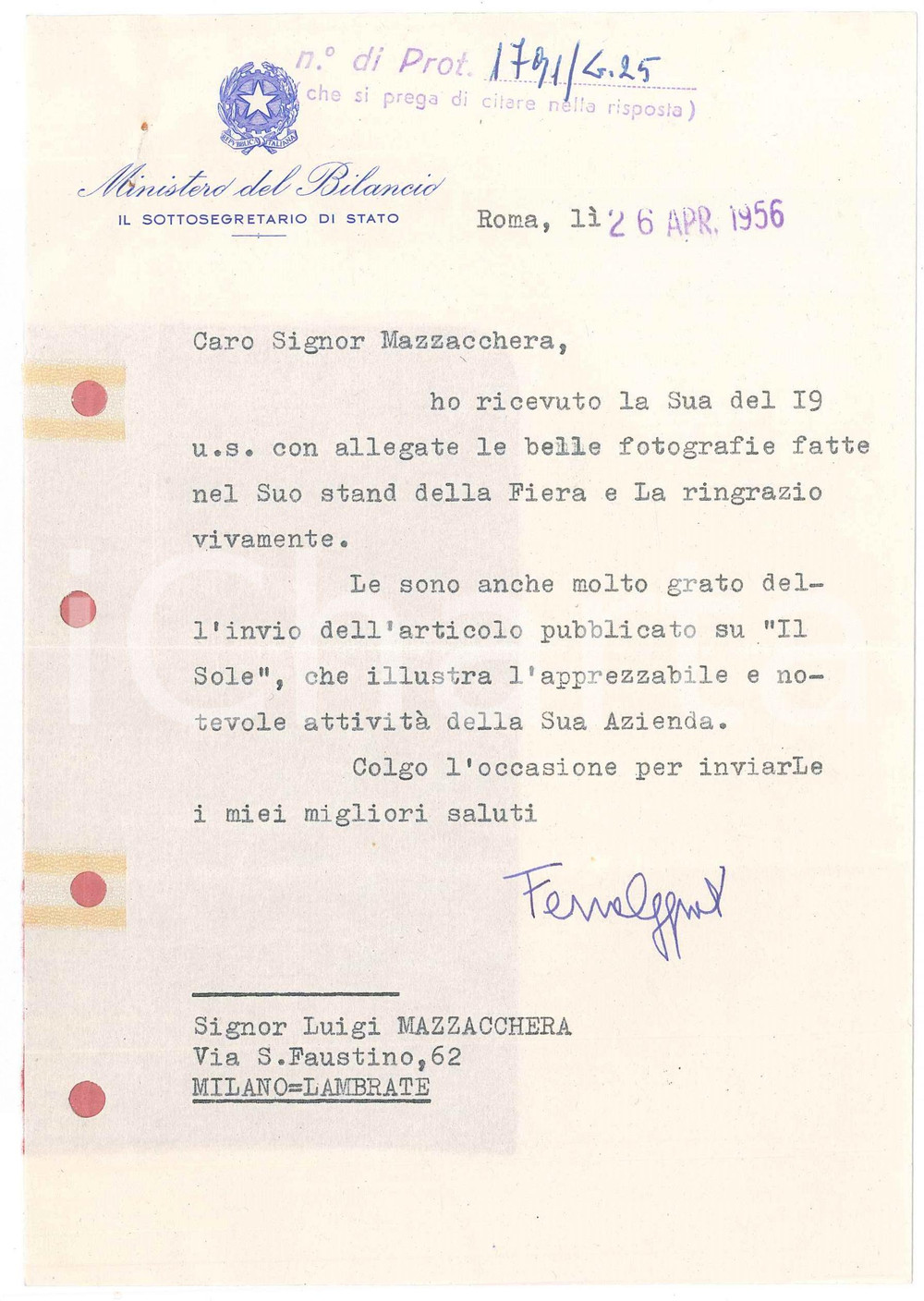Autografo originale 1956 ROMA Lettera Mario FERRARI AGGRADI  Sottosegretario al Bilancio Autografo 1