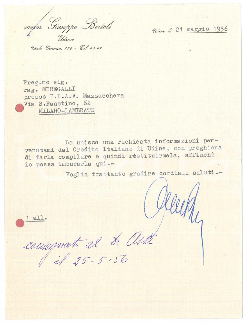 Autografo originale 1956 UDINE Comm. Giuseppe BERTOLI  Lettera per informazioni AUTOGRAFO 1