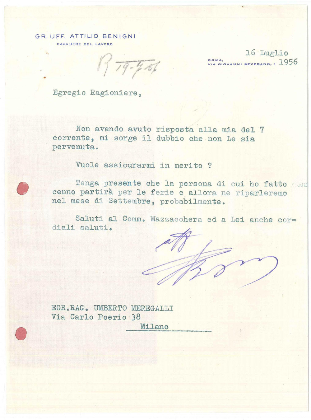 Autografo originale 1956 ROMA Gr. Uff. Attilio BENIGNI Cavaliere del Lavoro  Lettera AUTOGRAFO 1
