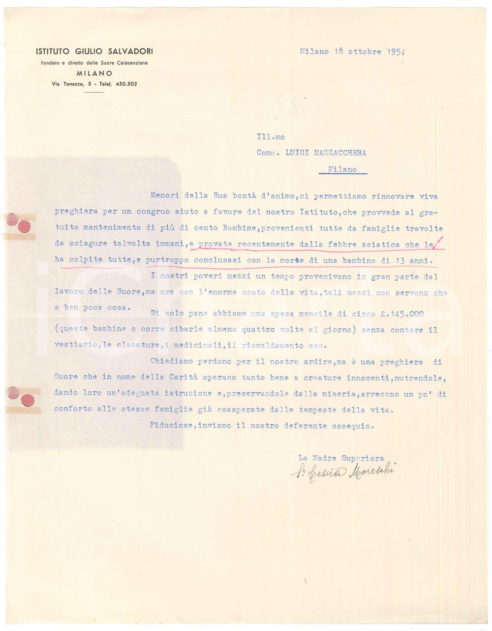 Autografo originale 1957 MILANO Istituto GIULIO SALVADORI  Lettera suor Cesira MORSCHI AUTOGRAFO 1