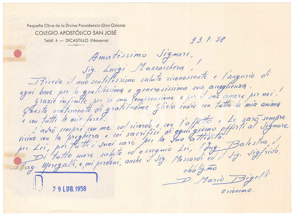 Autografo originale 1958 DICASTILLO Colegio Apostolico SAN JOSE  Lettera don Mario BIGELLI AUTOGRAFO 1