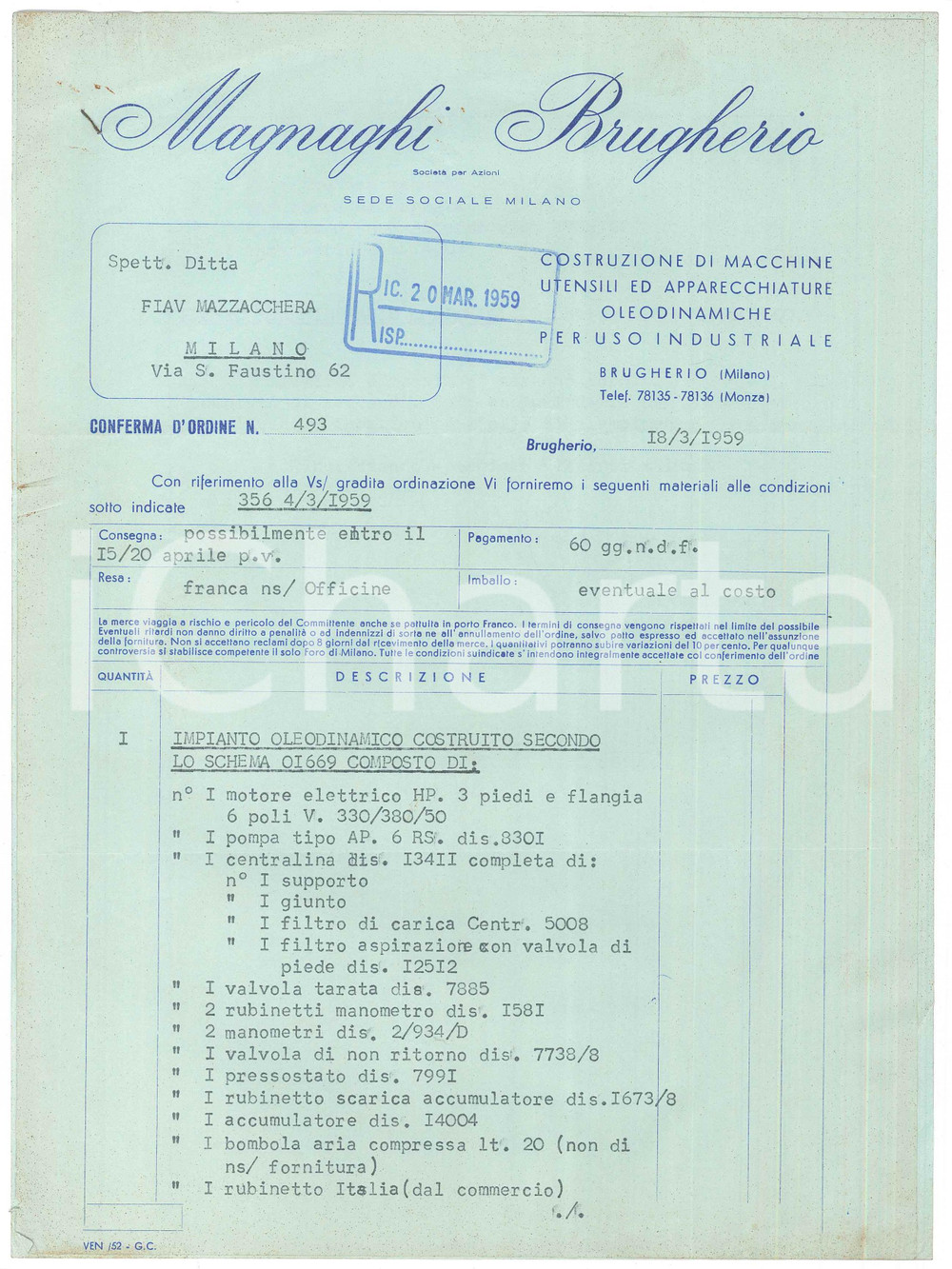 Documento originale, autentico 1959 BRUGHERIO  MAGNAGHI Macchine utensili  Preventivo impianto oleodinamico 1