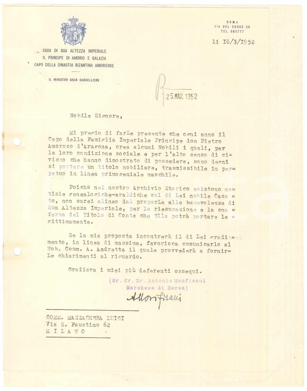 Autografo originale 1952 ROMA Lettera Antonio MONFISANI Marchese di Berea AUTOGRAFO 1