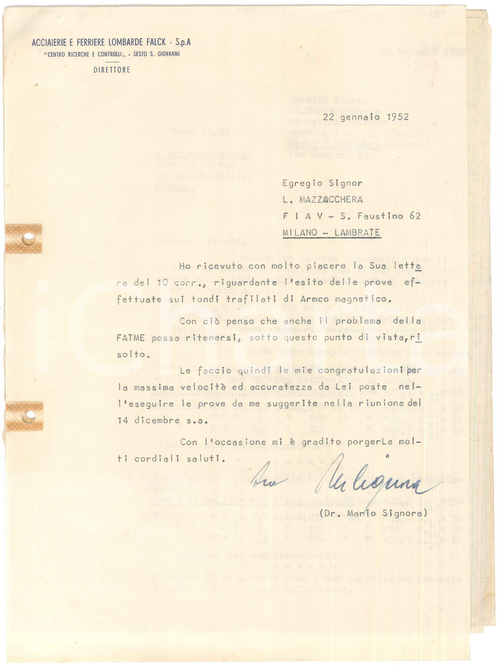 Autografo originale 1952 SESTO SAN GIOVANNI Lettera Mario SIGNORA  Acciaierie FALCK AUTOGRAFO 1