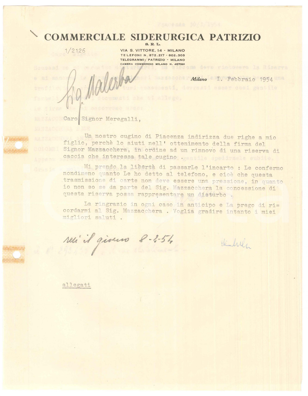 Manoscritto, lettera originale 1954 MILANO Commerciale Siderurgica Patrizio  Lettera Luigi MALERBA 1