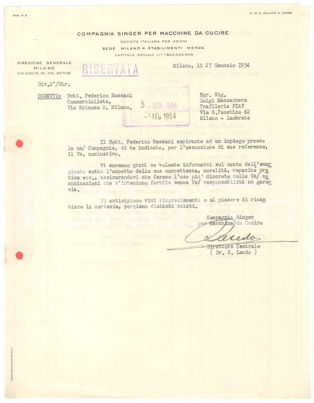 Manoscritto, lettera originale 1954 MILANO Compagnia SINGER Macchine da cucire  Lettera S. LANDO direttore 1