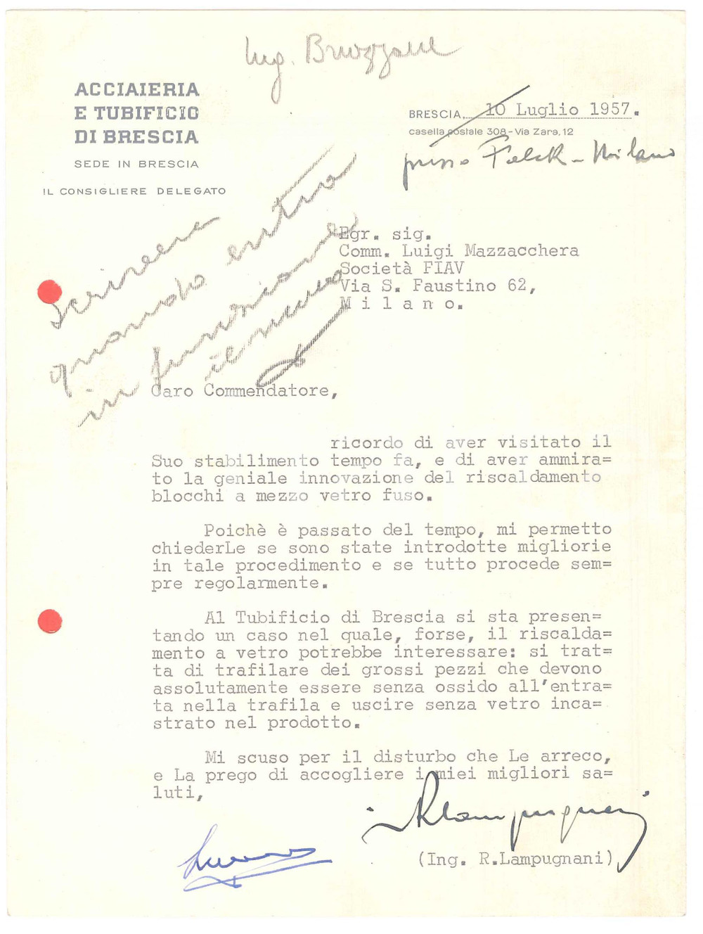 Manoscritto, lettera originale 1957 BRESCIA Acciaieria e Tubificio di BRESCIA  Lettera ing. R. LAMPUGNANI 1