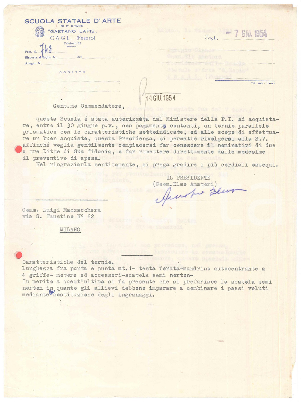 Autografo originale 1954 CAGLI PU Scuola d arte LAPIS  Lettera Elmo AMATORI presidente Autografo 1