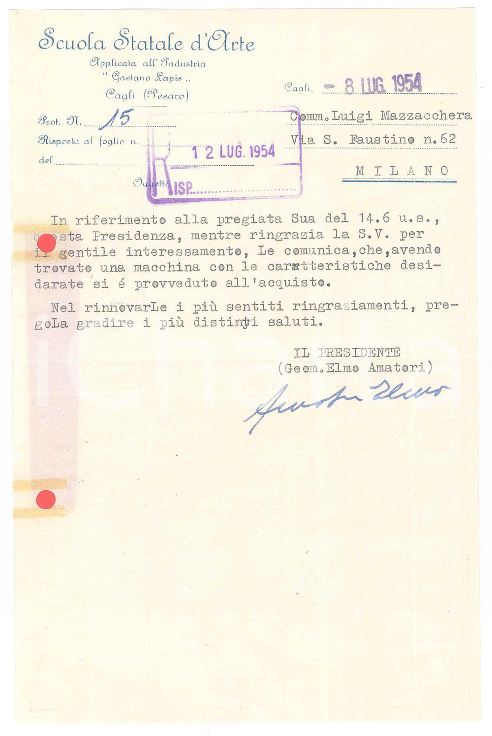 Autografo originale 1954 CAGLI PU Scuola d arte LAPIS  Lettera Elmo AMATORI presidente Autografo 1