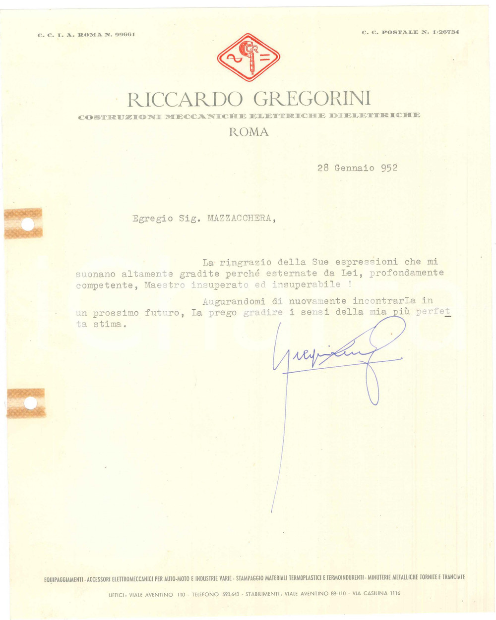 Manoscritto, lettera originale 1952 ROMA Riccardo GREGORINI Costruzioni Meccaniche  Lettera AUTOGRAFO 1