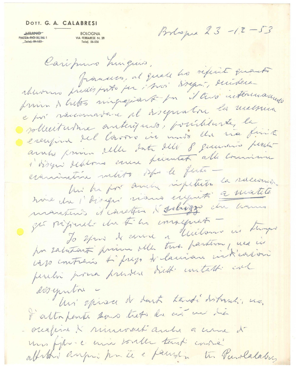 Autografo originale 1953 BOLOGNA Lettera dott. G. A. Calabresi per disegni  Autografo 1