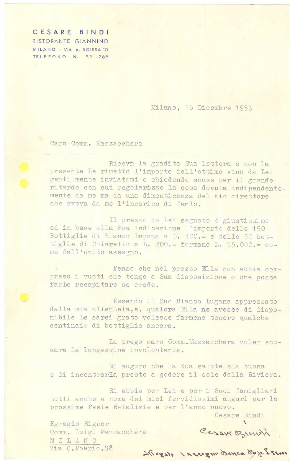 Manoscritto, lettera originale 1953 MILANO  Ristorante GIANNINO  Lettera Cesare BINDI per vino Autografo 1