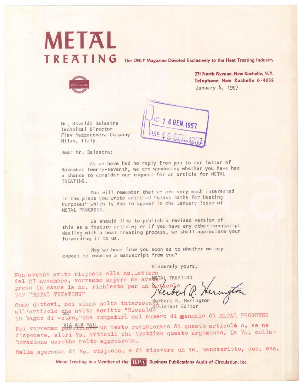 Manoscritto, lettera originale 1957 NEW ROCHELLE METAL TREATING Magazine  Letter Herbert R. HERINGTON 1