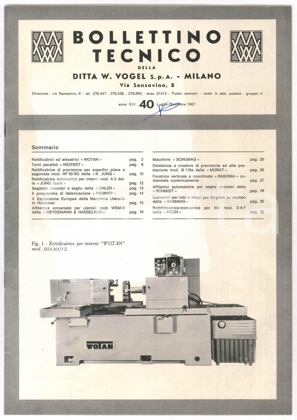 Giornale, rivista storica 1967 MILANO Ditta W. VOGEL  Bollettino tecnico ILLUSTRATO Rettificatrice WOTAN 1
