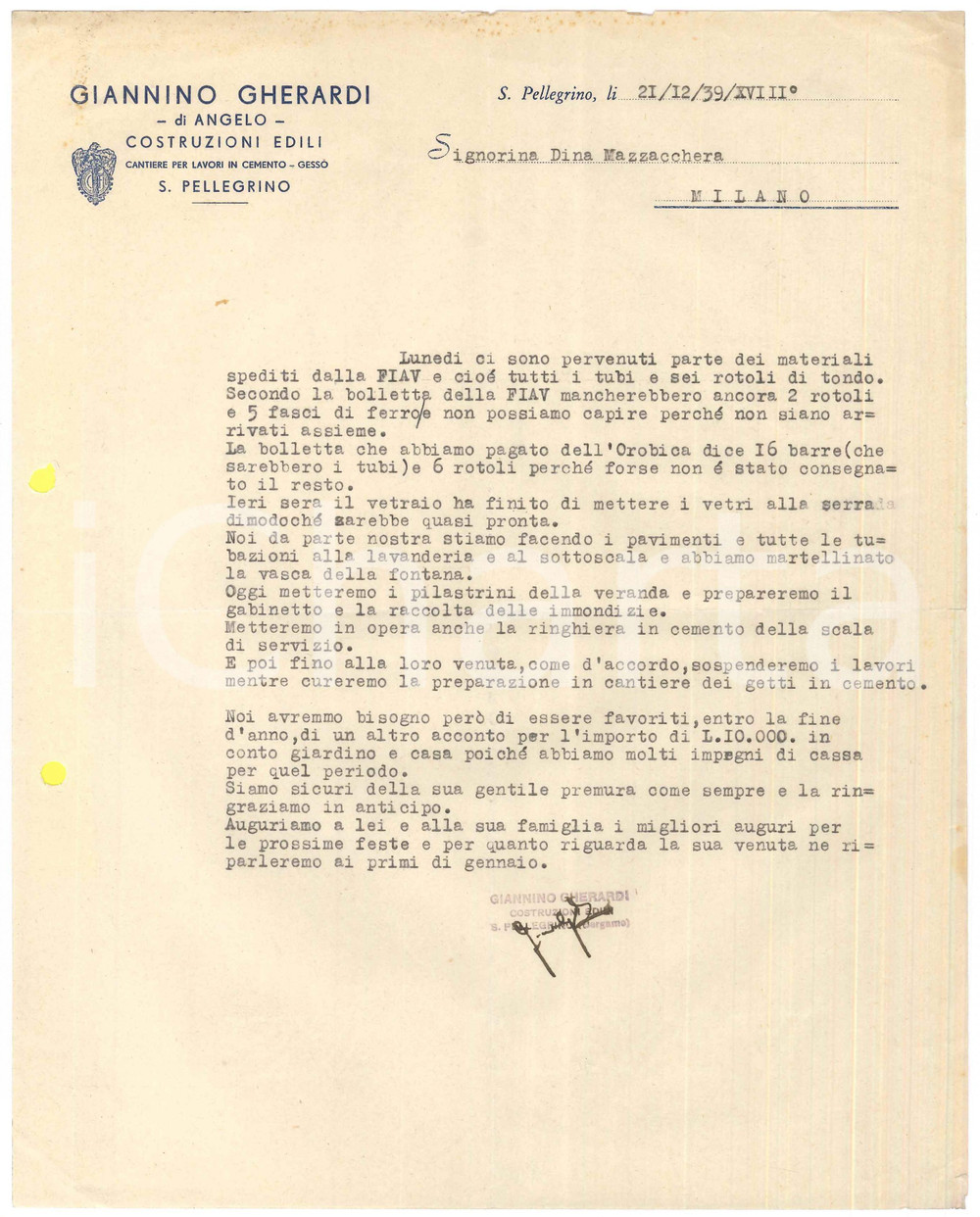 Manoscritto, lettera originale 1939 SAN PELLEGRINO Giannino GHERARDI Costruzioni edili  Lettera Autografo 1