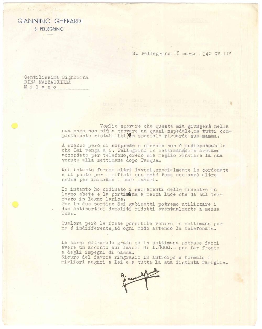 Manoscritto, lettera originale 1940 SAN PELLEGRINO Giannino GHERARDI Costruzioni edili  Lettera Autografo 1