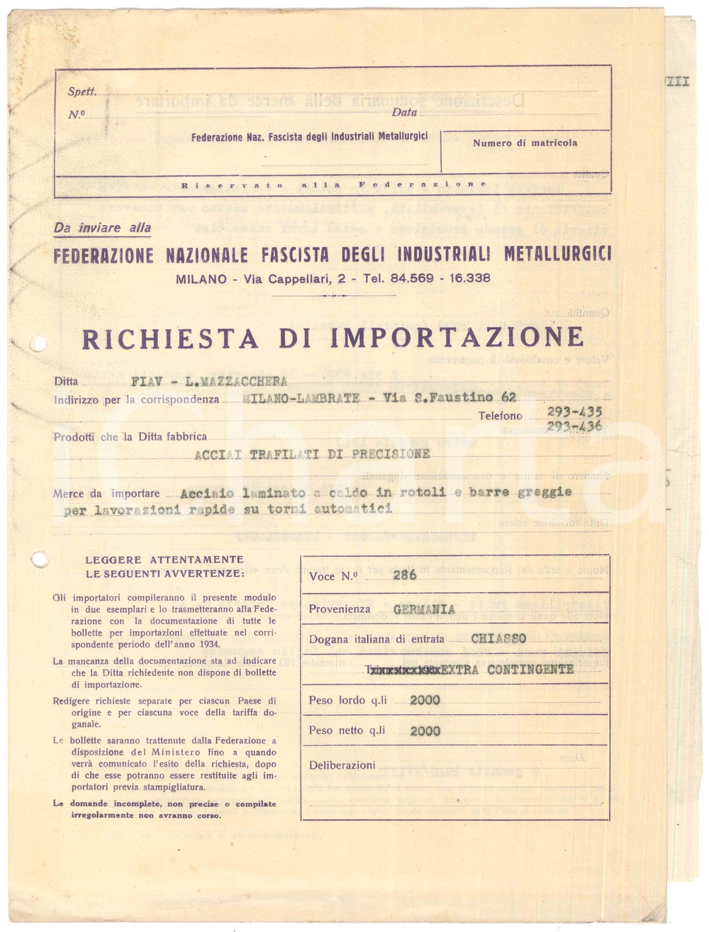 Documento originale, autentico 1940 MILANO Federazione Fascista Industriali Metallurgici  Importazione acciaio 1