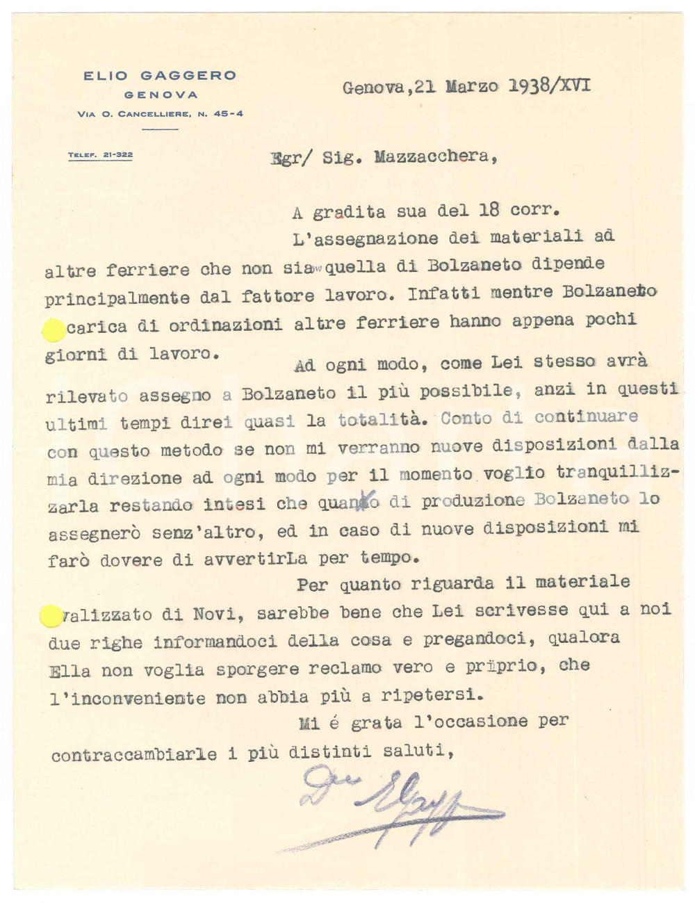 Manoscritto, lettera originale 1938 GENOVA via Cancelliere  Lettera Elio GAGGERO su invio materiali Autografo 1