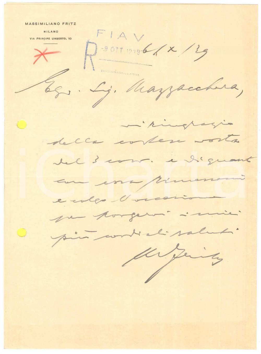 Autografo originale 1939 MILANO Lettera imprenditore Massimiliano FRITZ  Ringraziamento Autografo 1
