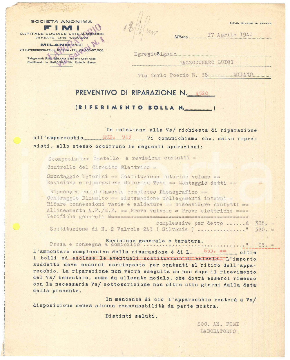 Documento originale, autentico 1940 MILANO SocietÃ  Anonima FIMI  Preventivo riparazione apparecchio 1