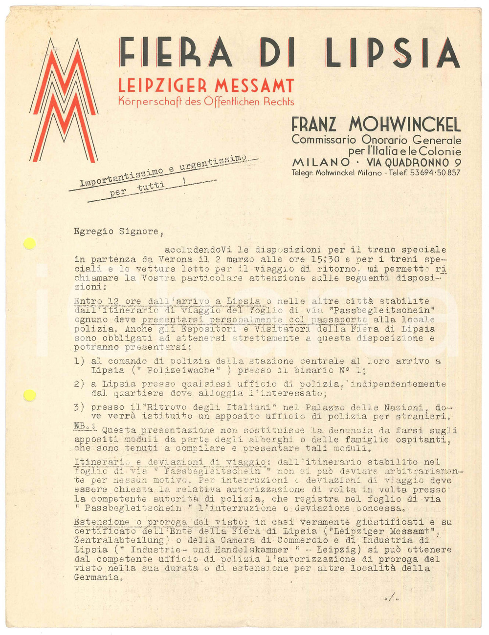Manoscritto, lettera originale 1940 FIERA DI LIPSIA  Franz MOHWINCKEL Lettera per viaggio con treno speciale 1
