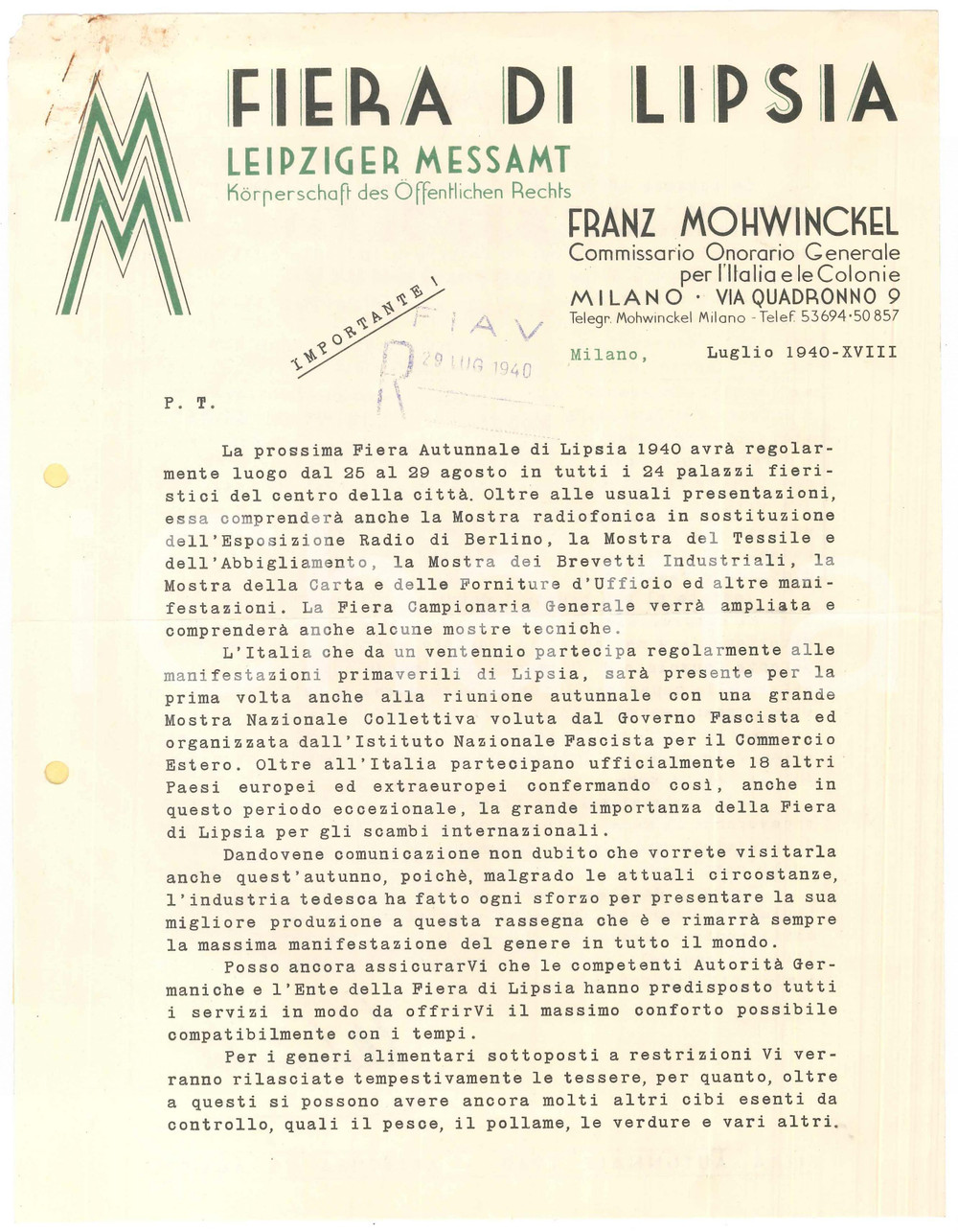 Manoscritto, lettera originale 1940 FIERA DI LIPSIA  Franz MOHWINCKEL  Lettera pubblicitaria 1