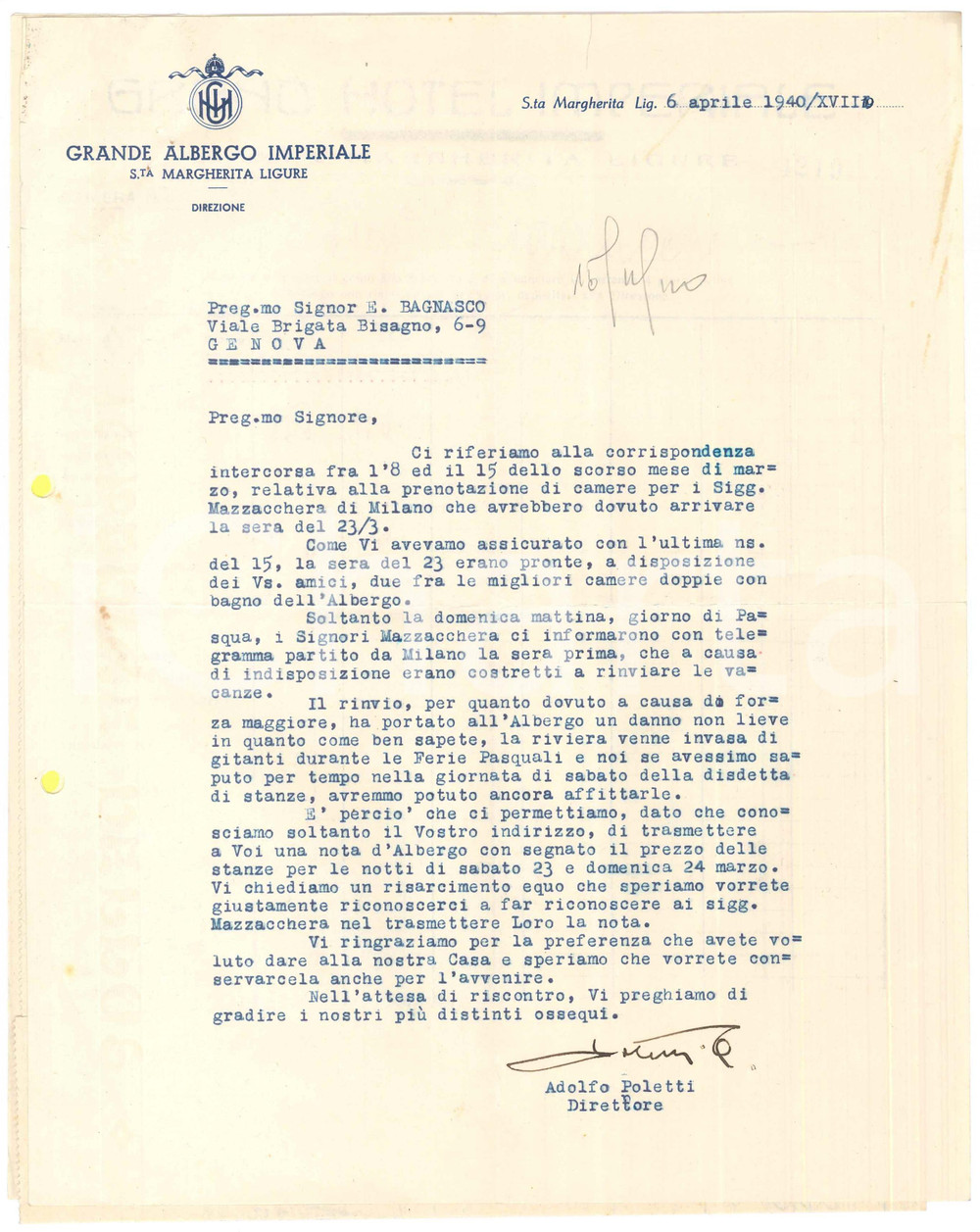 Manoscritto, lettera originale 1940 SANTA MARGHERITA LIGURE Grande Albergo Imperiale Lettera per risarcimento 1