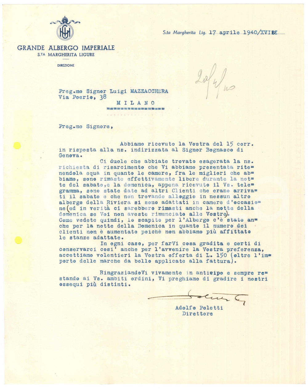 Manoscritto, lettera originale 1940 SANTA MARGHERITA LIGURE Grande Albergo Imperiale Lettera risarcimento 1
