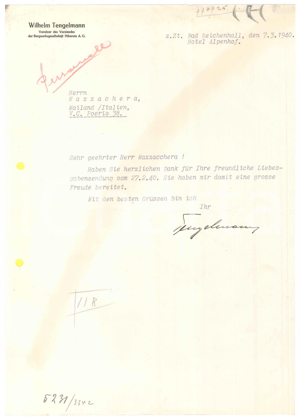 Autografo originale 1940 BAD REICHENHALL Lettera Wilhelm TENGELMANN per ringraziamento Autografo 1