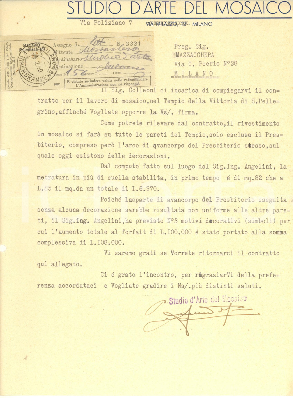 Documento originale, autentico 1940 MILANO via Poliziano  Studio d Arte del Mosaico  Lettera commerciale 1