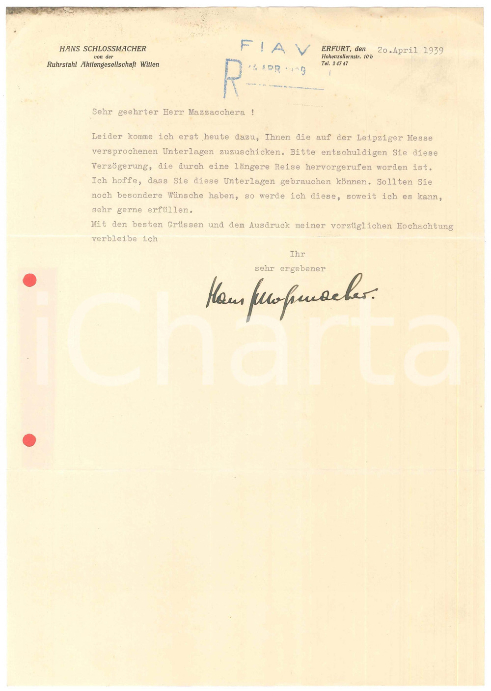 Documento originale, autentico 1939 ERFURT Lettera Hand SCHLOSSMACHER  Ruhrstahl AG WITTEN Autografo 1