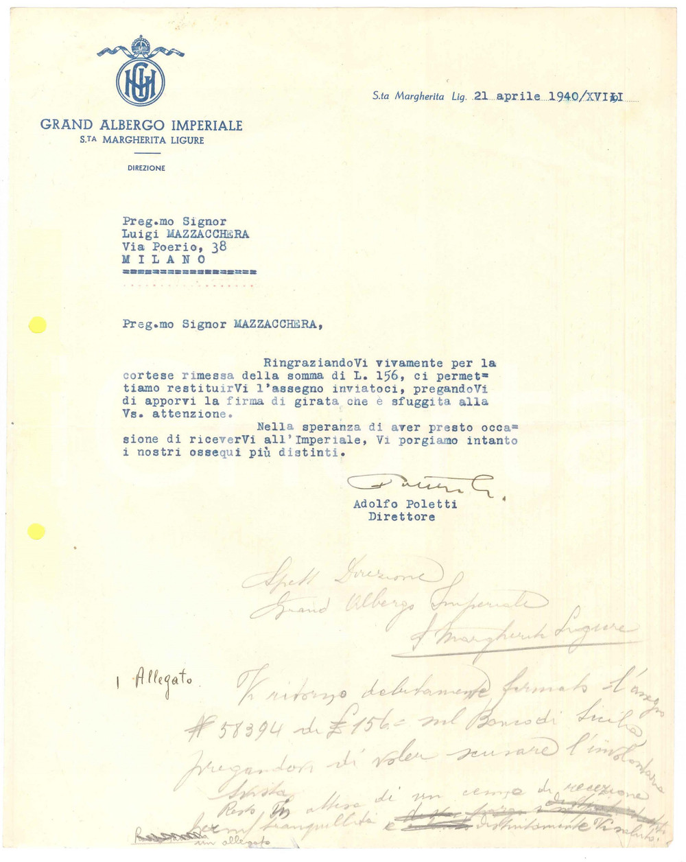 Manoscritto, lettera originale 1940 SANTA MARGHERITA LIGURE Grande Albergo Imperiale Lettera per assegno 1