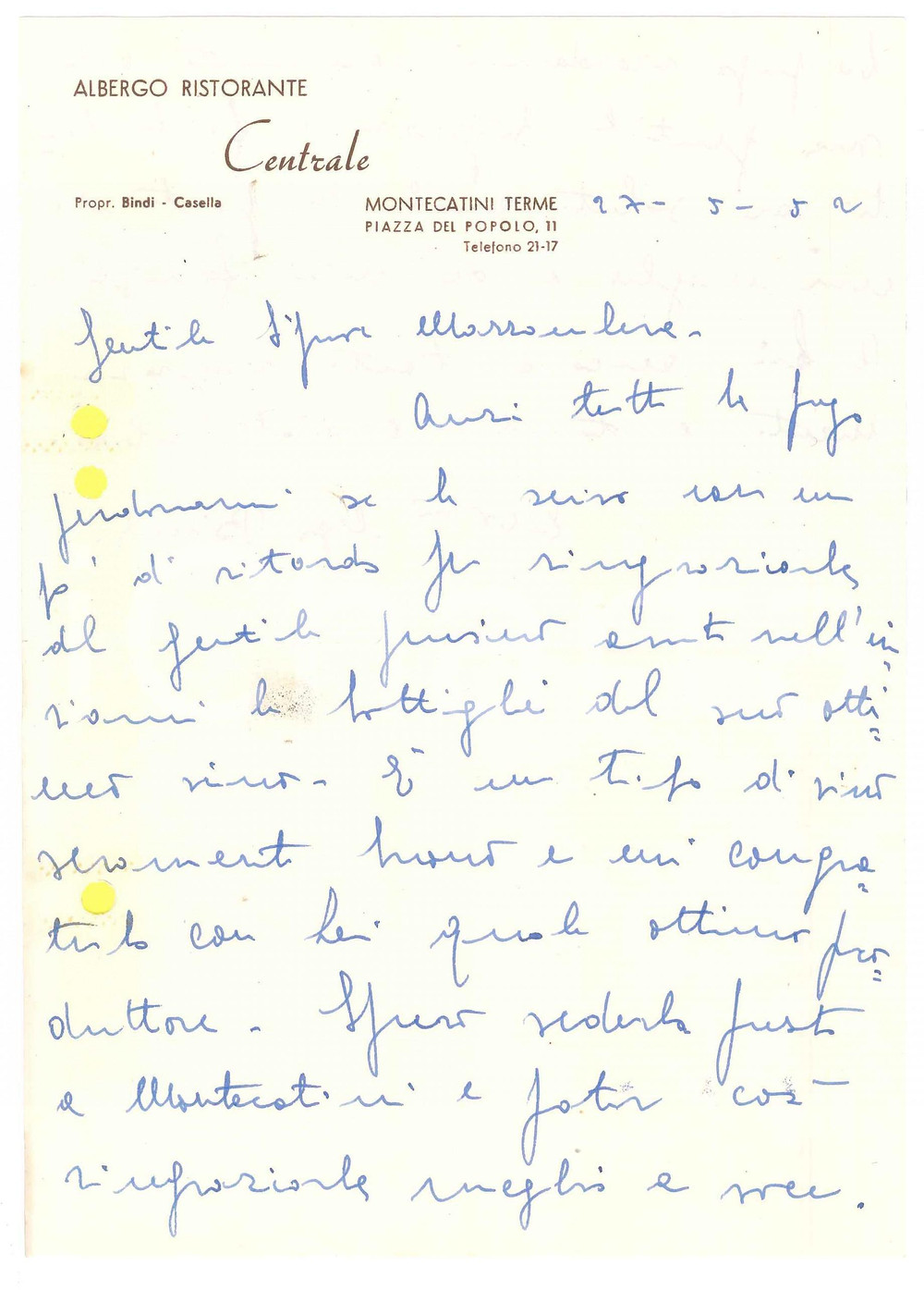 Manoscritto, lettera originale 1952 MONTECATINI TERME Albergo Centrale  Lettera proprietario Ugo BINDI 1