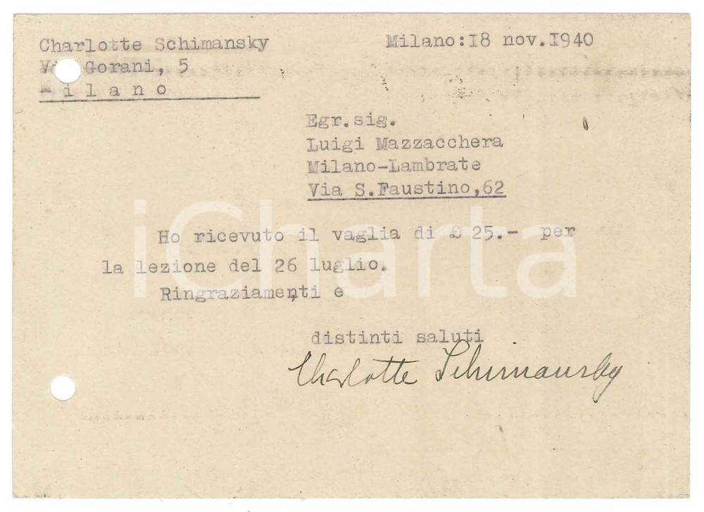Autografo originale 1940 MILANO Cartolina Charlotte SCHIMANSKY per ricevuta Autografo 1