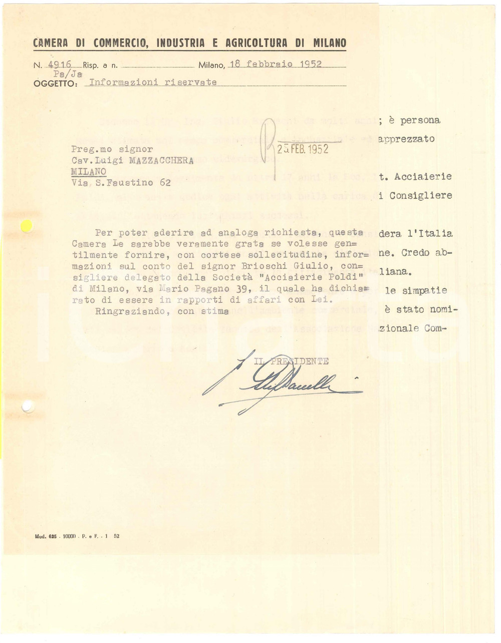 Manoscritto, lettera originale 1952 MILANO Camera di Commercio  Lettera per informazioni riservate 1