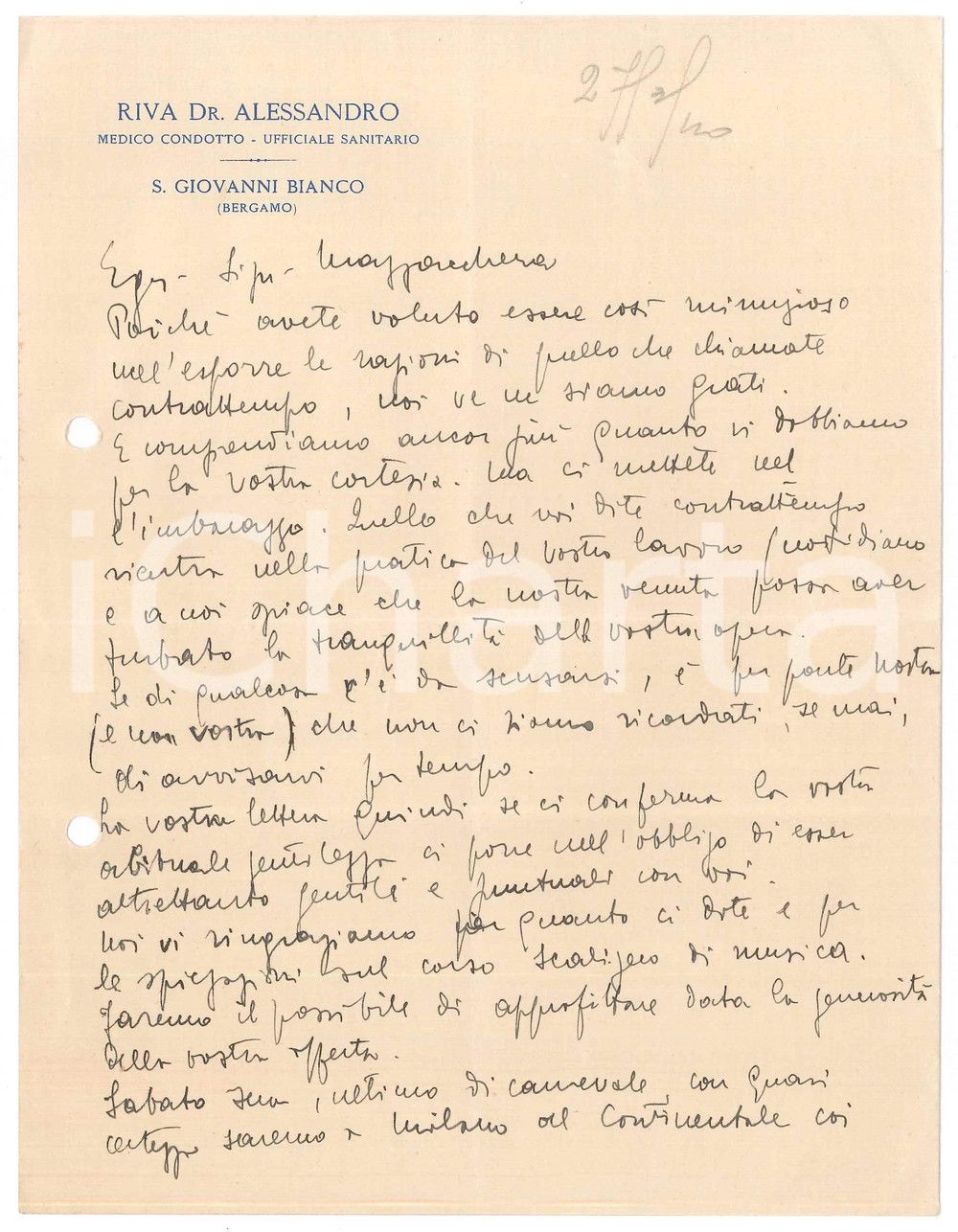 Autografo originale 1940 S. GIOVANNI BIANCO Dott. Alessandro RIVA in visita a Milano  Autografo 1