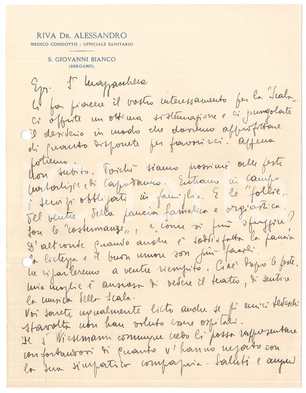 Autografo originale 1940 S. GIOVANNI BIANCO Dott. Alessandro RIVA su invito alla Scala  Autografo 1