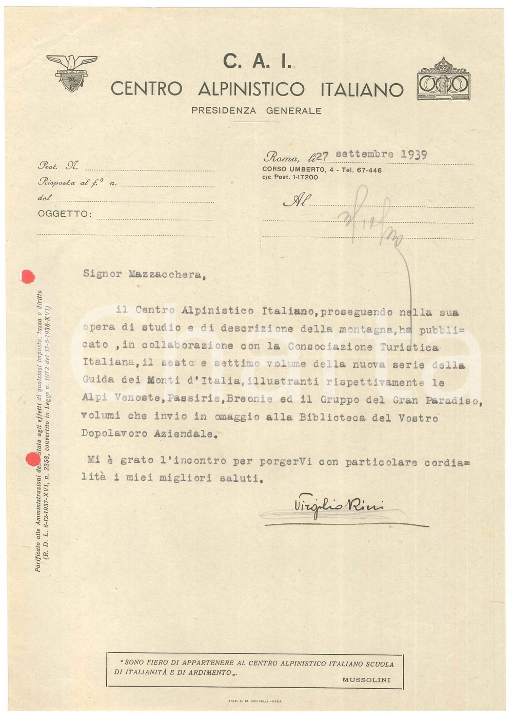 Documento originale, autentico 1939 C.A.I. ROMA Lettera Virgilio RICCI su guida ai Monti d Italia Autografo 1