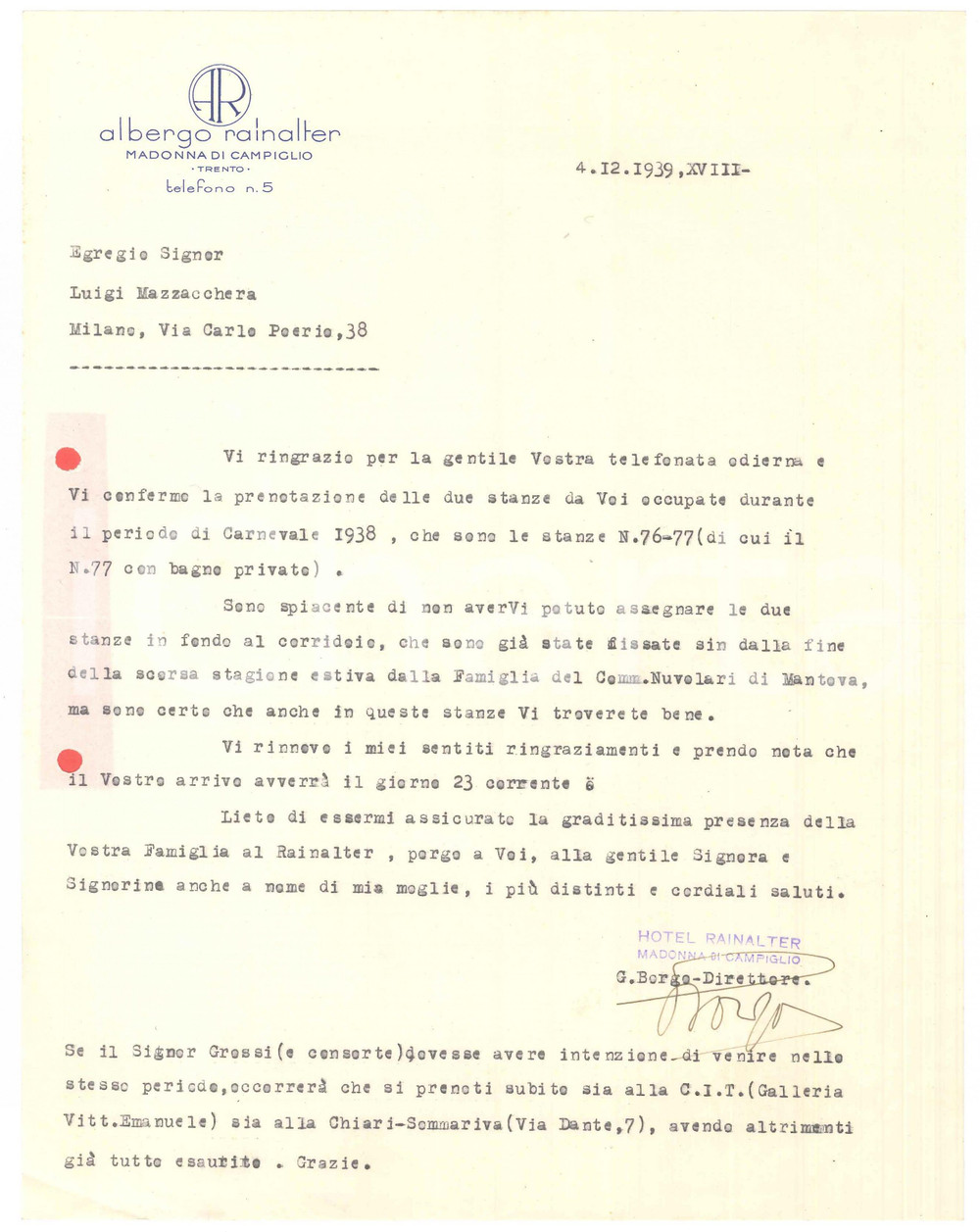 Manoscritto, lettera originale 1939 MADONNA DI CAMPIGLIO Albergo RAINALTER   Lettera per stanze a Carnevale 1