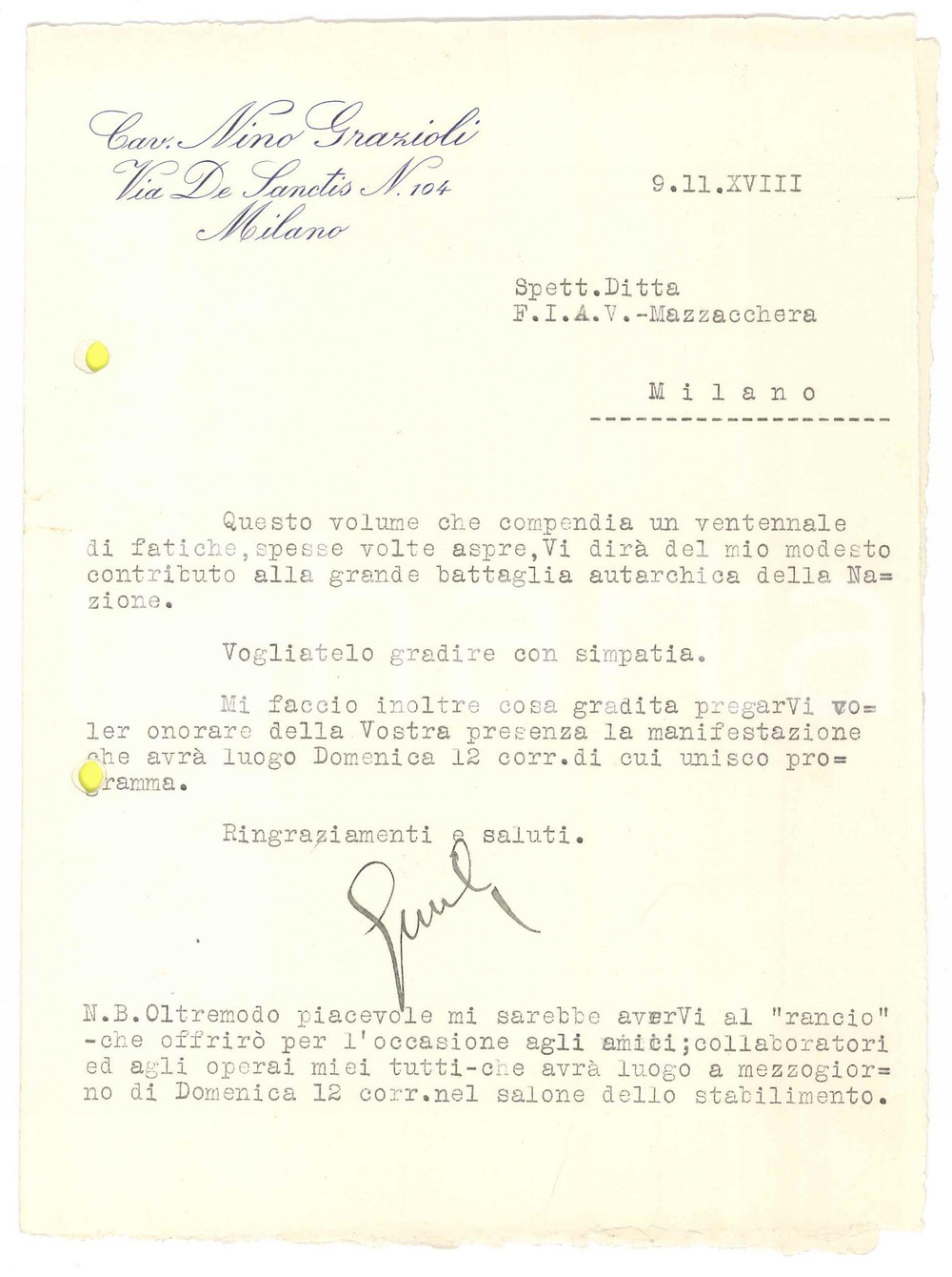 Autografo originale 1938 MILANO Lettera Nino GRAZIOLI Industrie Meccaniche  Ventennale Autografo 1