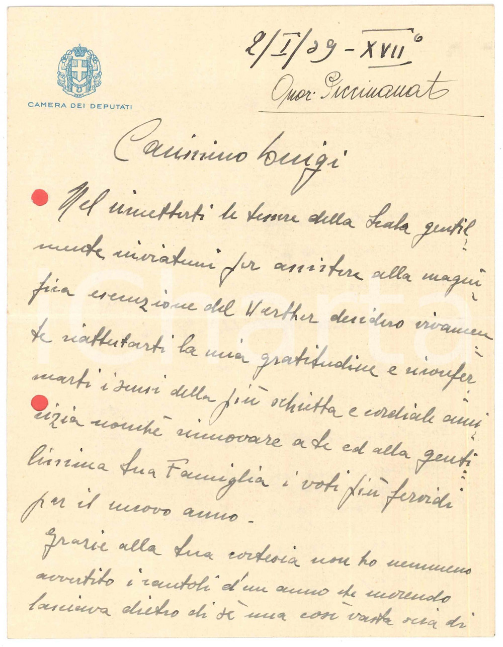 Autografo originale 1939 ROMA On. Ottorino PICCINATO ringrazia per invito alla Scala AUTOGRAFO 1